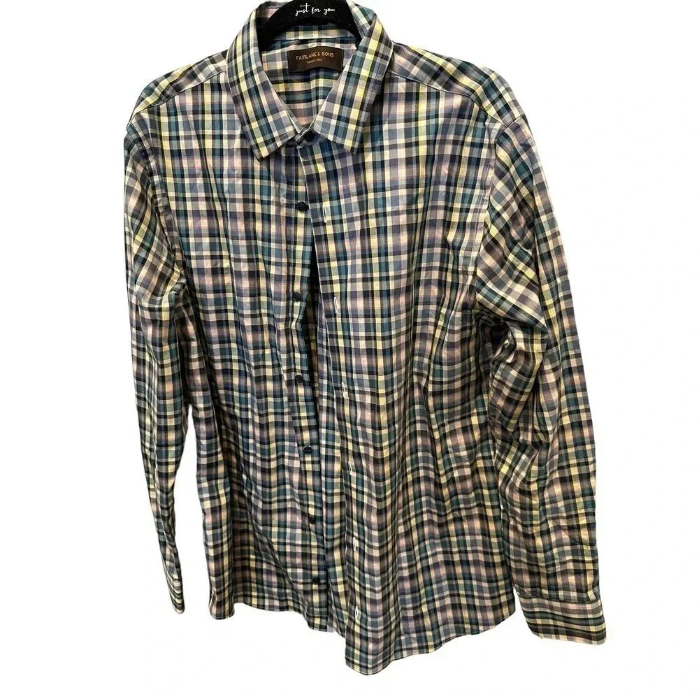 Fairlane & Sons Wrinkle Free Men's Button Down Plaid Casual Shirt Size Large